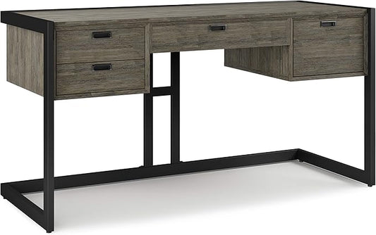 SIMPLIHOME Hampden SOLID ACACIA WOOD Modern Industrial 60 Inch Wide Desk in Weathered Grey, For the Office Desk, Writing Table, Workstation and Study Table