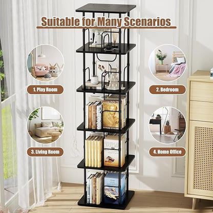 5 Tier Square Rotating Bookshelf, 360 ° Display Stackable Spinning Bookshelf Tower, Space Saving Tall Floor Standing Swivel Bookcase Corner Storage Organizer for Bedroom, Living Room, Black