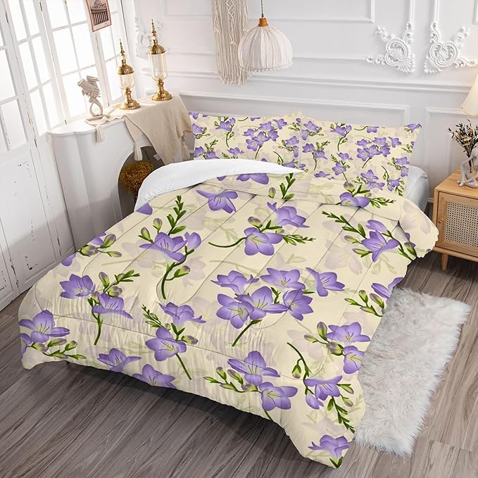 kxry Purple Flower Comforter Sets Bedding Sets Twin Size Comforter Set for Girls Women Kids 1 Comforter + 1 Pillow Case