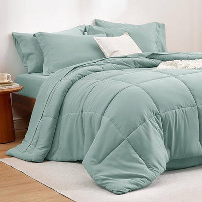 Bedsure Sage Green Full Size Comforter Set - 7 Pieces Solid Full Bed in a Bag, Full Bed Set Sage Green with Quilted Warm Fluffy Comforters, Sheets, Pillowcases & Shams