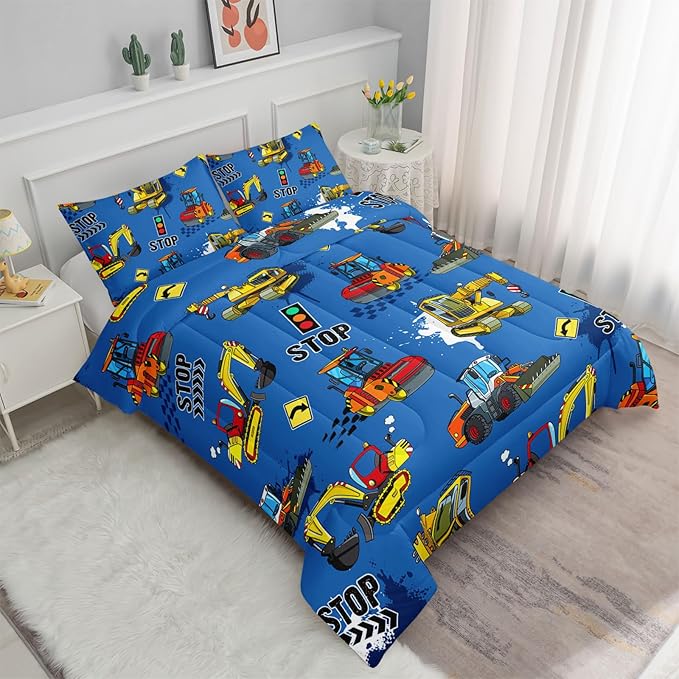 Axolotl Blue Excavator Bedding Full,3Pcs Boys Construction Comforter Set,Cartoon Machinery Truck Bedding Set for Boys Kids Children Teens Bedroom Decor Cars Quilt Set with 1 Comforter 2 Pillowcase