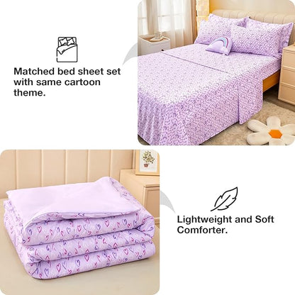Mooreeke Twin Size Comforter Sets for Girls Kids, 6 Pieces Bed in a Bag Purple Love Rainbow Bedding Comforter Sheet Set with Shams and Decorative Toy Pillow, Ultral Soft Microfiber Kids Bed Set