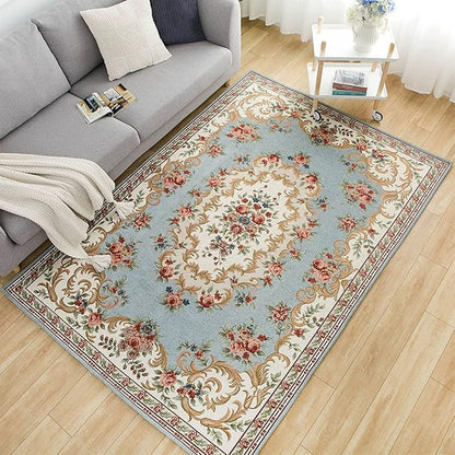 Home Decor Non-Shedding Washable Area Rugs Floral Design Accent Rugs Carpet for Bedroom Living Room Dining Room, 5′3″ × 7′6″, Luxury Blue