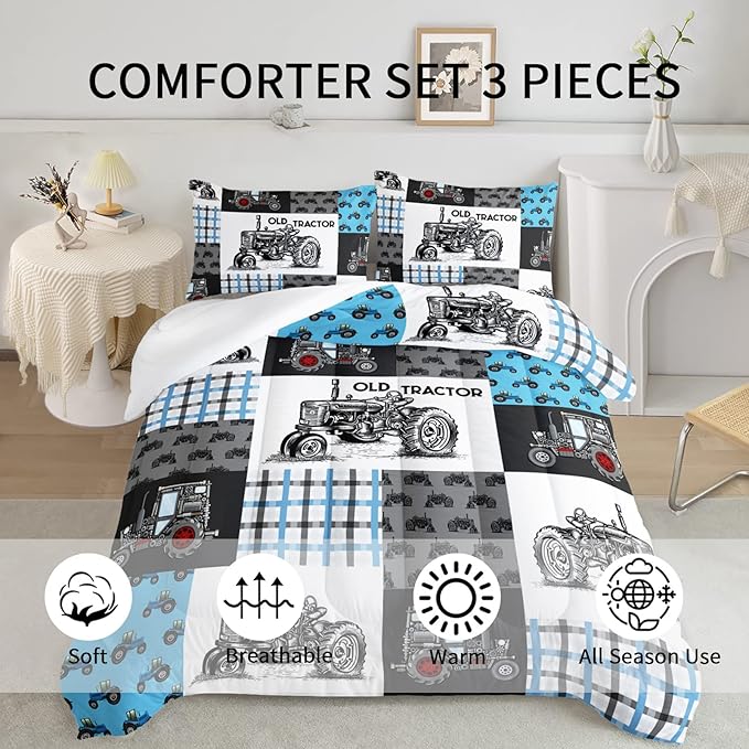 Axolotl Tractor Comforter Set Twin Size,Cartoon Truck Car Comforter Set for Boys,Farm Excavator Bedding Set with Old Tractor for Kids Boys Teens Adult All Season,1 Quilt 2 Pillowcases