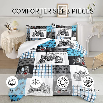Axolotl Tractor Comforter Set Queen Size,Cartoon Truck Car Comforter Set for Boys,Farm Excavator Bedding Set with Old Tractor for Kids Boys Teens Adult All Season,1 Quilt 2 Pillowcases