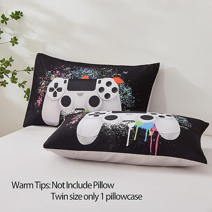 Gamer Bedding Sets for Boys, Full Size 3-Piece Gaming Comforter Sets for Kids Teens, Soft Microfiber Video Game Bedding Sets for Game Lovers, 1 Comforter and 2 Pillowcase(White,Full)