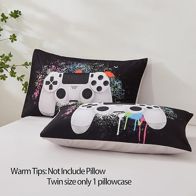 Gamer Bedding Sets for Boys, Twin Size 2-Piece Gaming Comforter Sets for Kids Teens, Soft Microfiber Video Game Bedding Sets for Game Lovers, 1 Comforter and 1 Pillowcase(White,Twin)