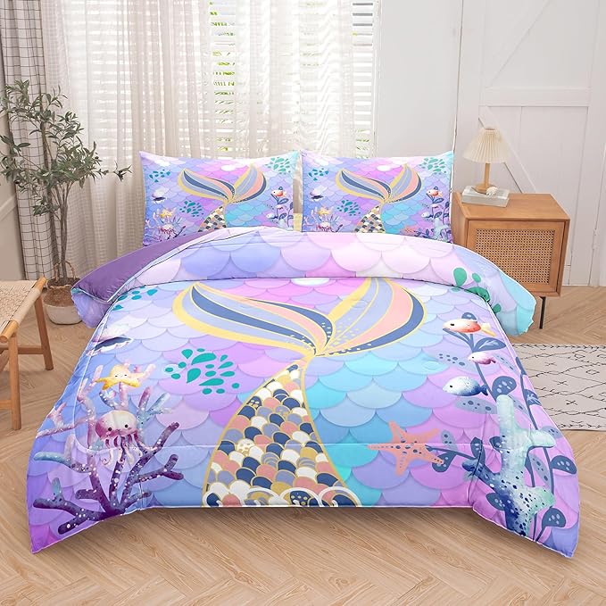 NINENINE Mermaid Tail Bedding Sets,Teal Purple Mermaid Comforter Set for Kids,Full Size Comforter Sets for Girls,Colorful Glitter Bedding Set with 1 Comforter 2Pillowcases…