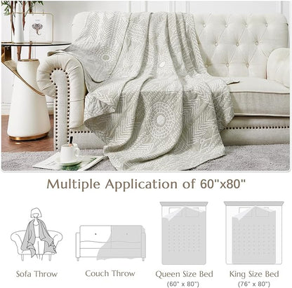 JINCHAN Boho 100% Cotton Muslin Blanket 3-Layer Twin Size Geometric Lightweight Reversible Soft Cozy Throw for Couch Sofa Bed All Season Coverlet Gift Bedroom Living Room Decor Light Grey 60x80 Inches