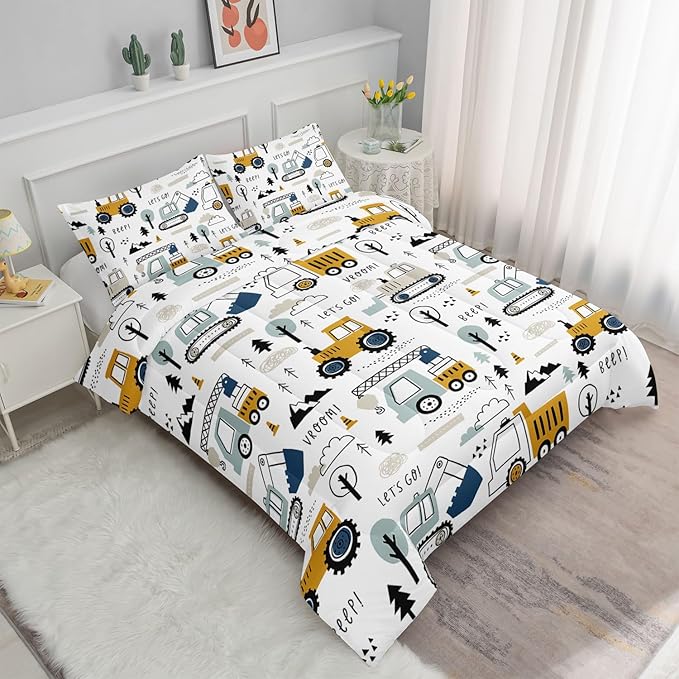 Datura home Kids Cartoon Excavator Bedding Comforter Sets for Boy and Girls,Construction Truck Bulldozer Tree Pattern Comforter Set with 2 Pillowcase and 1 Comforter(Excavator Full)