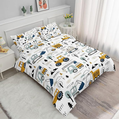 Datura home Kids Cartoon Excavator Bedding Comforter Sets for Boy and Girls,Construction Truck Bulldozer Tree Pattern Comforter Set with 2 Pillowcase and 1 Comforter(Excavator Queen)