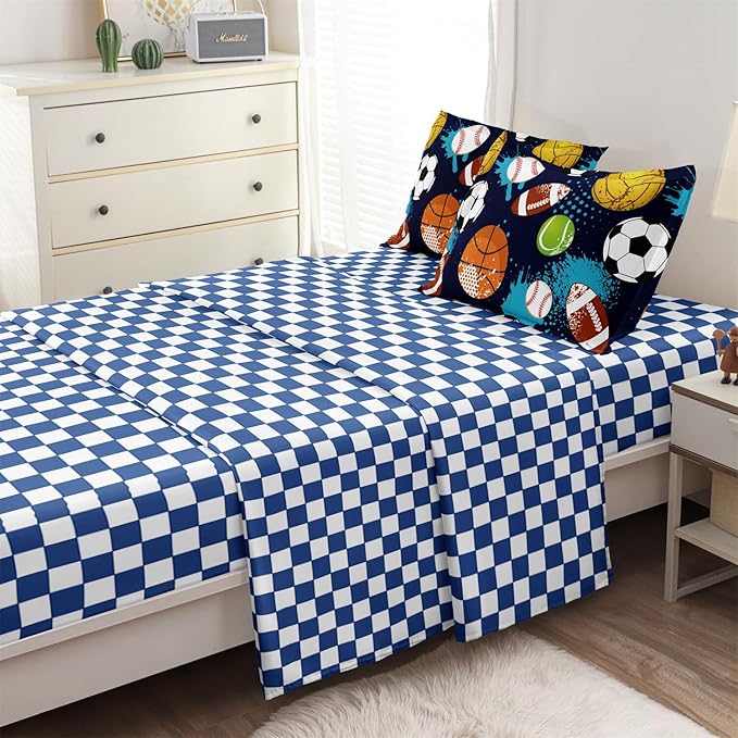 Kids Boys Comforter Set Twin Bed in a Bag w/Sheet Sets, Blue Twin Bedding Sets for Teens Soccer Basketball Baseball Football Sports Themed Bedroom Decor Reversible Design