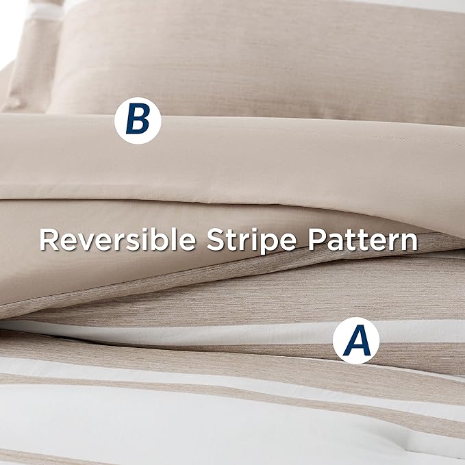 Bedsure Bed in a Bag California King Size 7 Pieces, Light Camel White Striped Bedding Comforter Sets All Season Bed Set, 2 Pillow Shams, Flat Sheet, Fitted Sheet and 2 Pillowcases
