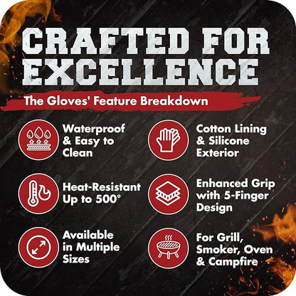KITCHEN PERFECTION Silicone Smoker BBQ Gloves - Heat Resistant Oven Mitts | Waterproof, 5-Finger Design For A Better Grip, for Pitmasters, Meat Smoking, Grilling, Cooking, Frying Turkey | Grill Gift