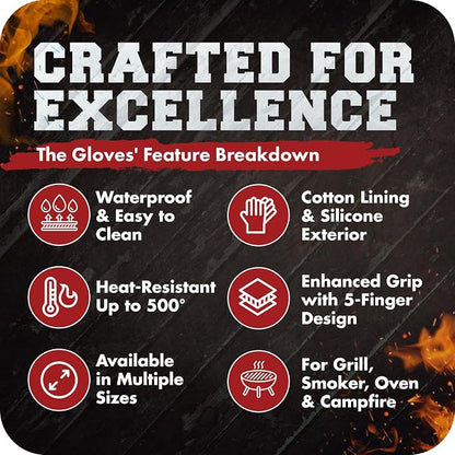 Kitchen perfection XL Silicone Smoker BBQ Gloves -Heat Resistant Oven Mitts | Waterproof, 5-Finger Design For A Better Grip, for Pitmasters, Meat Smoking, Grilling, Cooking, Frying Turkey | Grill Gift