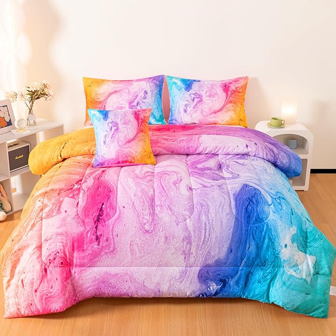 4 Pcs Tie Dye Full Comforter Set for Girls, Watercolor Marble Abstract Art Superior Kids Bedding Sets Full Size, Pink Purple Blue Colorful Teenage Girls Comforter Sets