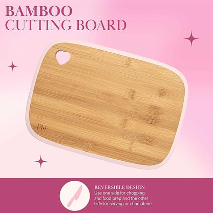 Paris Hilton Bamboo Cutting Board for Kitchen, Reversible Cutting Board and Cutlery Set with High Carbon Stainless Steel Knives and Blade Guards, Comfortable Handle Grips, 7-Piece Set, Gold and Pink