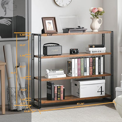 Bookshelf,4-Tier Industrial Bookcase,Rustic Wood and Metal Open Display Book Shelves Home Office,Bedroom Standing Shelf Unit,Horizontal Kitchen Shelf Organizer,Bathroom Storage Rack Mid Century 47in