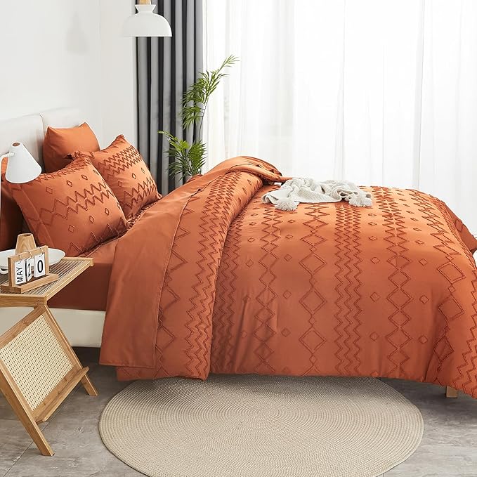 EMME King Comforter Set - 7 Pcs Pumpkin Boho Bedding Sets, King Size Tufted Comforter Set with Sheets, Shabby Chic Embroidery Bed Set Fluffy Bed Bag for All Season(102"X90")