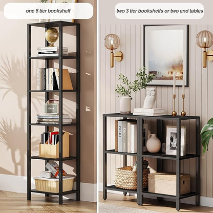 TUTOTAK Bookshelf, 6-Tier Tall Book Shelf, Narrow Bookcase for Small Space, DIY Stackable Bookshelf, for Living Room, Office, Study, Entryway, Industrial, Black BS01BK006