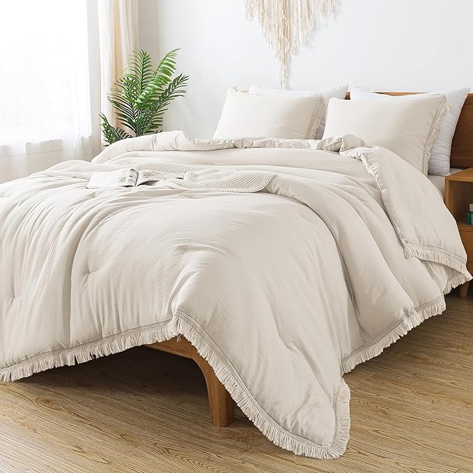 Andency Comforter Full Size Set Beige, 3 Pieces Boho Tassel Lightweight Bed Comforter Full, Soft All Season Fluffy Bed Set Gift Choice (79x90In Comforter & 2 Pillowcases)
