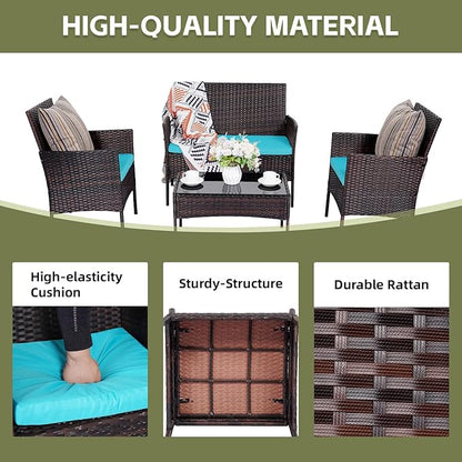 Patio Furniture Set 4 Pieces Conversation Sets Outdoor Wicker Rattan Chairs Garden Backyard Balcony Porch Poolside Loveseat with Soft Cushion and Tempered Glass Table(Brown/Blue)