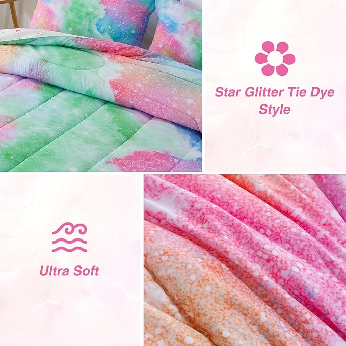 A Nice Night Galaxy Bedding Sets Outer Space Comforter 3D Printed Space Quilt Set Full Size Glitter Pink Green Color,for Children Boy Girl Teen Kids