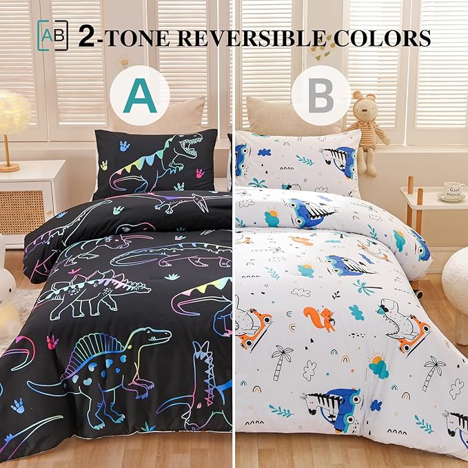 Meeting Story Dinosaur Comforter Set, Fluorescence Dinosaur Colorful Pattern Style Twin Comforter Set, 3 PCS 1 Comforter and 2 Pillowcases in One Bag, All Season Bedspread for Kids Teens Adults（Twin）