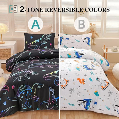 Meeting Story Dinosaur Comforter Set, Fluorescence Dinosaur Colorful Pattern Style Twin Comforter Set, 3 PCS 1 Comforter and 2 Pillowcases in One Bag, All Season Bedspread for Kids Teens Adults（Twin）