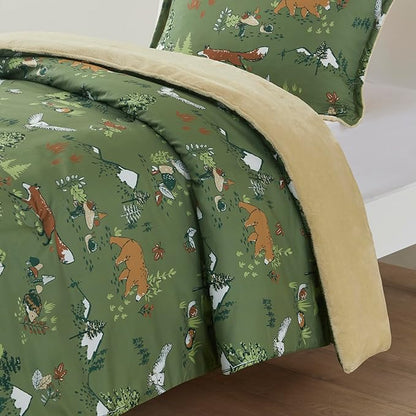 Mi Zone Kids Twin Comforter Set, Reversible Plush Kids Comforter Set, Cozy Plush Reverse Bedding, Winter Fluffy Comforter Bed Set, 1 Sham, Enchanting Forest Animals, Heath, Twin, Sage Green 2 Piece
