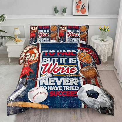Axolotl Sports Comforter Set Full Size,Sports Theme Comforter Set Football Baseball Bedding Set,Sports Bedding Set 3D Soccer Comforter Set Basketball Bedding for Kids Boys Teens,1 Quilt 2 Pillowcases