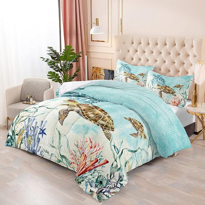 CVHOUSE Sea Turtle Comforter Set,Ocean Watercolor Sea Turtle Bedding Set for Kids Teens,Ocean Sea Turtle Comforter Sea Turtle Duvet Set Room Decor Quilt Set Twin Size