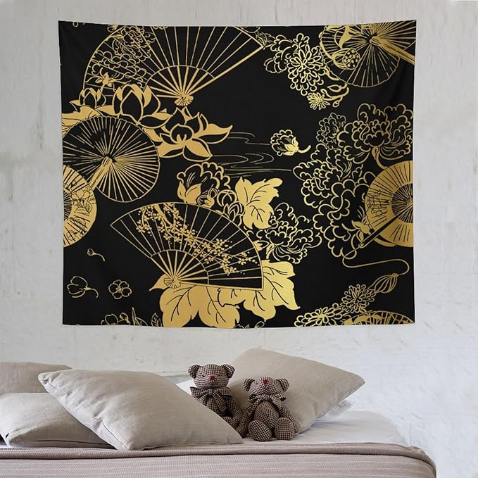 HZOHNAGO Japanese Tapestry Gold Flowers Umbrella Fan Pattern Printed Wall Tapestry Painting Wall Hanging for Bedroom Living Room Dorm 60" W x 50" H
