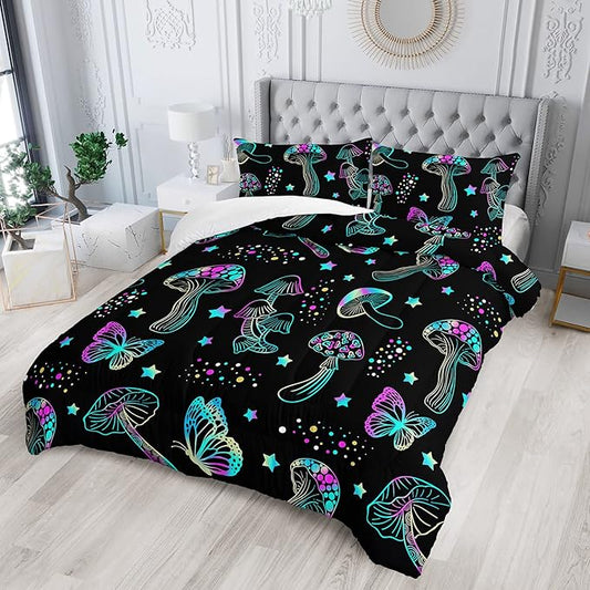 Colorful Mushroom Comforter Set Full Size Kids Mushroom Butterfly Bedding Set Star Quilt Bed Set for Boys Girls Adults with 1 Comforter and 2 Pillowcases