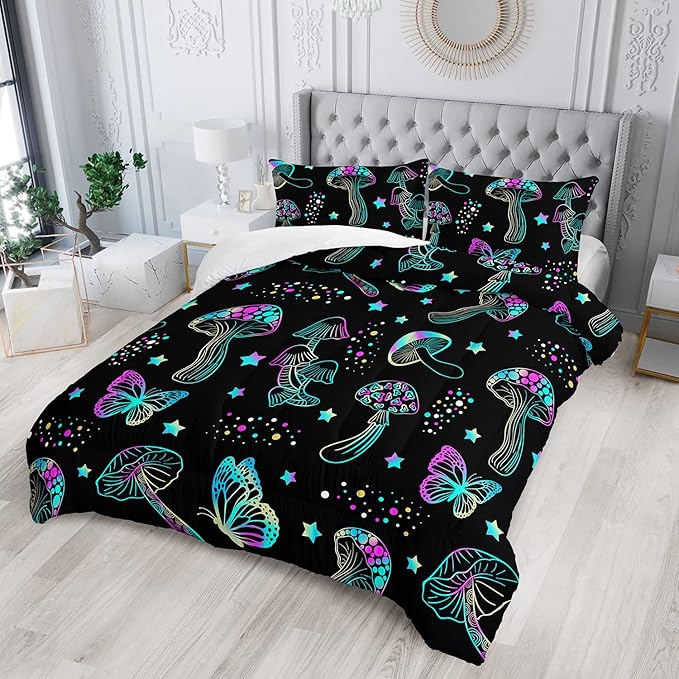 Colorful Mushroom Comforter Set Queen Size Kids Mushroom Butterfly Bedding Set Star Quilt Bed Set for Boys Girls Adults with 1 Comforter and 2 Pillowcases