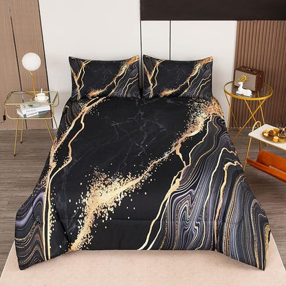 Tailor Shop Marble Bedding Set Soft Microfiber Black and Gold Comforter Set Twin Size for Kids Men and Women with 1 Marble Comforter and 1 Pillowcase
