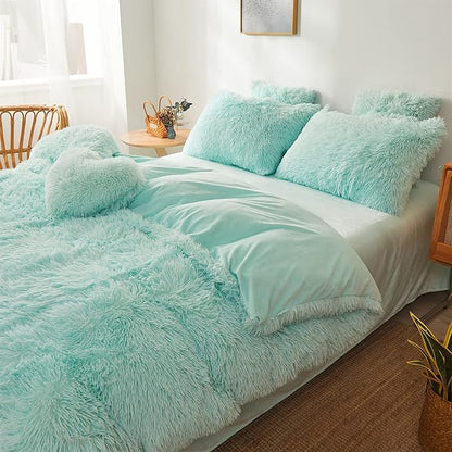 FOPPA Green Comforter Cover Set - Ultra Soft Plush Bedding Sets 3 Pieces (1 Faux Fur Duvet Cover + 2 Faux Fur Pillow case) Green Bed Set(Mint Green, Queen)