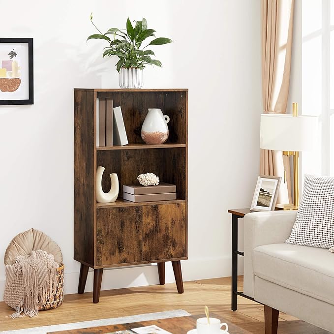 VASAGLE Bookcase, 2-Tier Retro Bookshelf with Doors, Storage Cabinet for Books, Photos, Decorations in Living Room, Office, Study, Mid-Century Style, Rustic Brown ULBC09BX