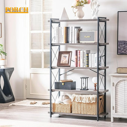 HCHQHS Bookshelf, 5-Tier Industrial Bookcase, Rustic Open Book Shelf, Freestanding Tall Bookshelves with Metal Frame