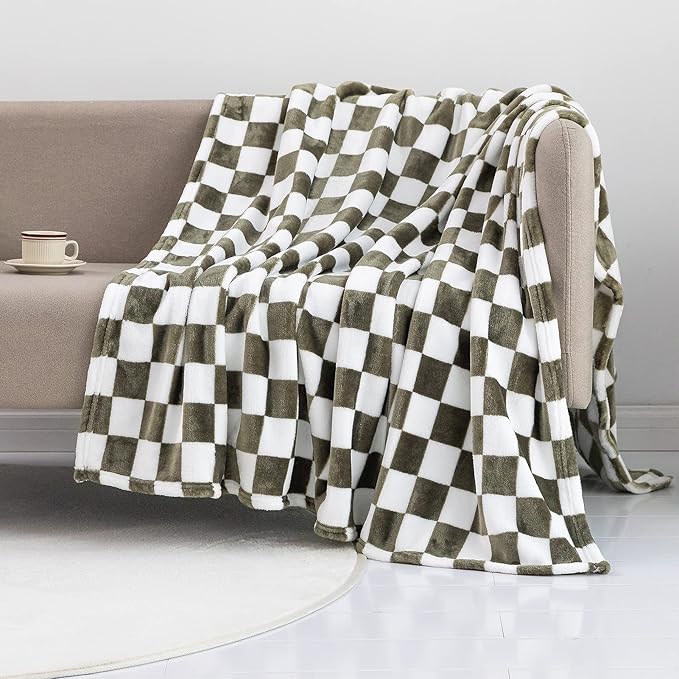 LOMAO Throw Blankets Flannel Blanket with Checkerboard Grid Pattern Soft Throw Blanket for Couch, Bed, Sofa Luxurious Warm and Cozy for All Seasons (Dark Olive, 90"x90")