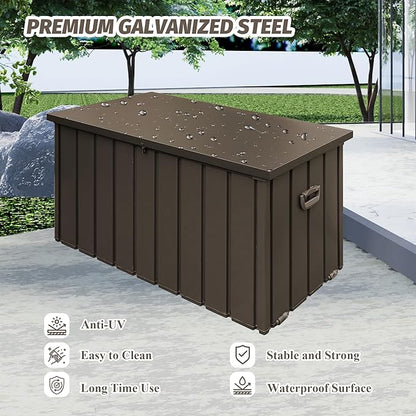 Domi Deck Box 190 Gallon, Waterproof Lockable Steel Outdoor Storage Container for Outside Cushions, Garden Tools and Pools Equipment, Brown