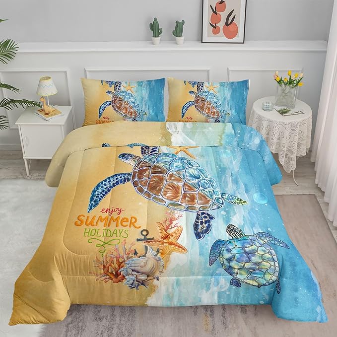 Datura home Beach Turtle Comforter Set Beach and Sea Turtle Printed Quilt Bedding Set with 1 Comforter and 2 Pillowcases for Boys and Girls Bedroom All Season(Beach Turtle Twin)