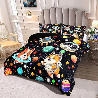 Outer Space Dog Comforter Sets Queen Size Cute Dog Bedding Set Cartoon Dog Astronaut Comforter Sets for Kids Girls Boys Colorful Space Dog Soft Microfiber Queen Bedding Set with 2 Pillowcases