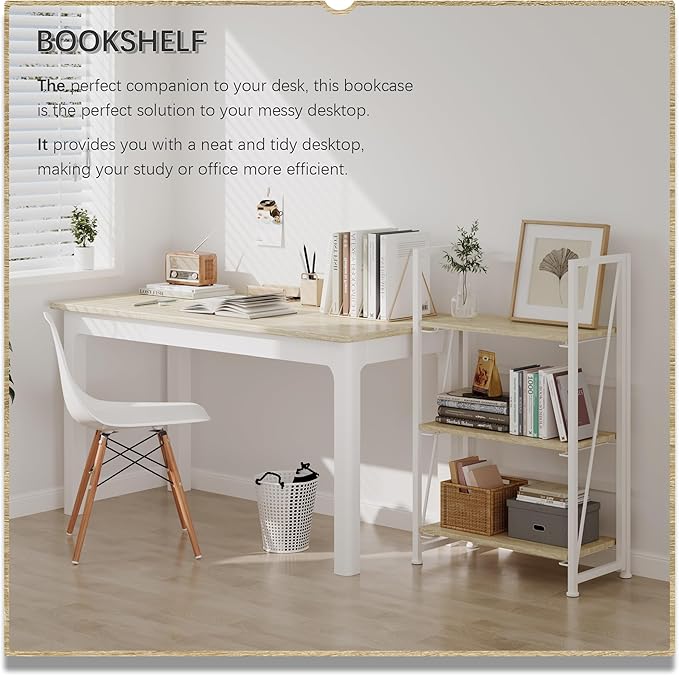 4NM No-Assembly Folding Bookshelf Storage Shelves 3 Tiers Vintage Bookcase Standing Racks Study Organizer Home Office (Natural and White)