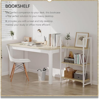4NM No-Assembly Folding Bookshelf Storage Shelves 3 Tiers Vintage Bookcase Standing Racks Study Organizer Home Office (Natural and White)
