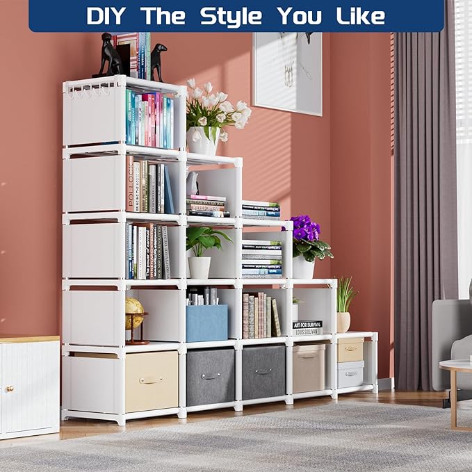 Mavivegue Book Shelf, 16 Cube Storage Organizer, Metal Cube Bookshelf, DIY Bookcase, Tall Book case for Bedroom, Living Room, Office, Closet Storage Organizer, Black Cubicle Storage Rack-White