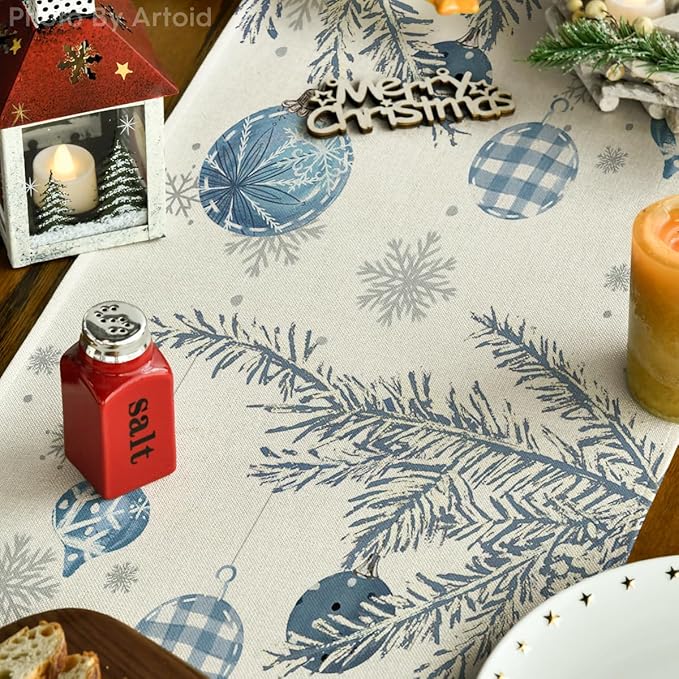 Artoid Mode Blue Pine Trees Merry Christmas Table Runner, Winter Xmas Holiday Kitchen Dining Table Decoration for Home Party Decor 13x120 Inch
