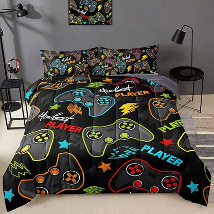 6 Pieces Gamer Comforter Set for Boys Gaming Bedding Set Queen Size,Video Game Controller Comforter for Boys Kids Adult 3D Gamepad Microfiber Bedding Sets 6 Pieces Bed in A Bag Sets3011,Queen