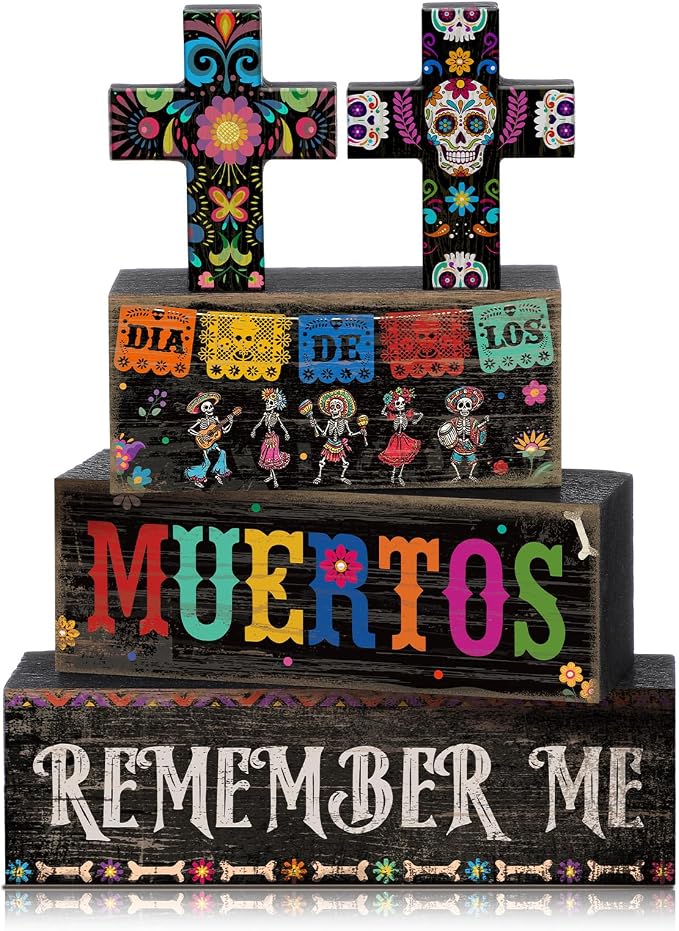 Moucuny 4 Pcs Day of the Dead Table Decorations Day of the Dead Cross Centerpiece for Table Dia De Los Muertos Tiered Tray Decor Wood Sugar Skull Block Signs for Halloween Party Home Shelf Decoration