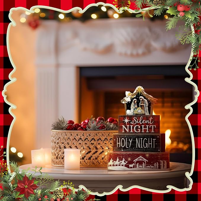Moucuny 4 Pcs Christmas Table Decor Wooden Christian Religious Decoration Nativity Scene Centerpiece Holy Night Tiered Tray Decor Red and Black Buffalo Plaid Block Signs Xmas Decoration for Kitchen